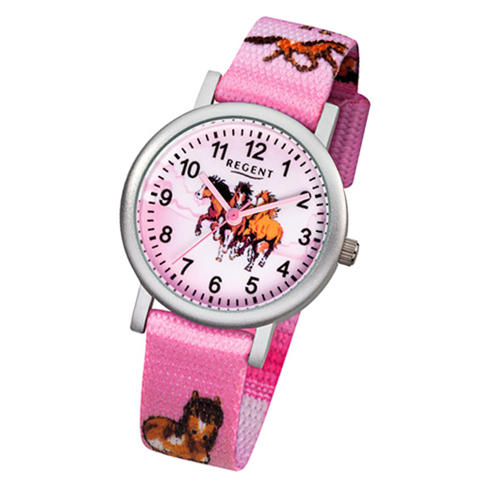 Bild von Regent Kinder-Armbanduhr Pferde Quarz Aluminium Textil rosa Mädchen Uhr URF729