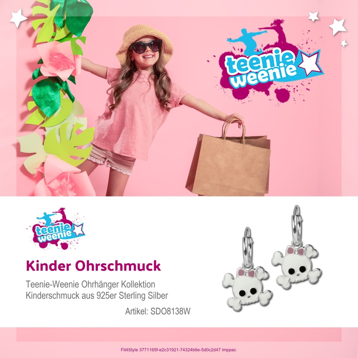 Teenie-Weenie Ohrhänger 11mm lila Ohrringe Silber Totenkopf Kinder SDO8138W 