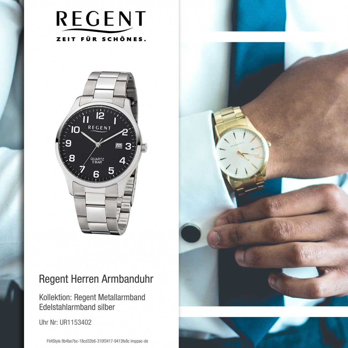 32-1153402 Regent Quarz-Uhr UR1153402 Edelstahl-Armband Herren-Armbanduhr silber