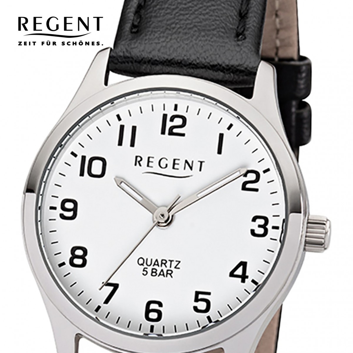 Regent Damen-Armbanduhr schwarz F-1309 Quarz-Uhr Leder-Armband UR2113418