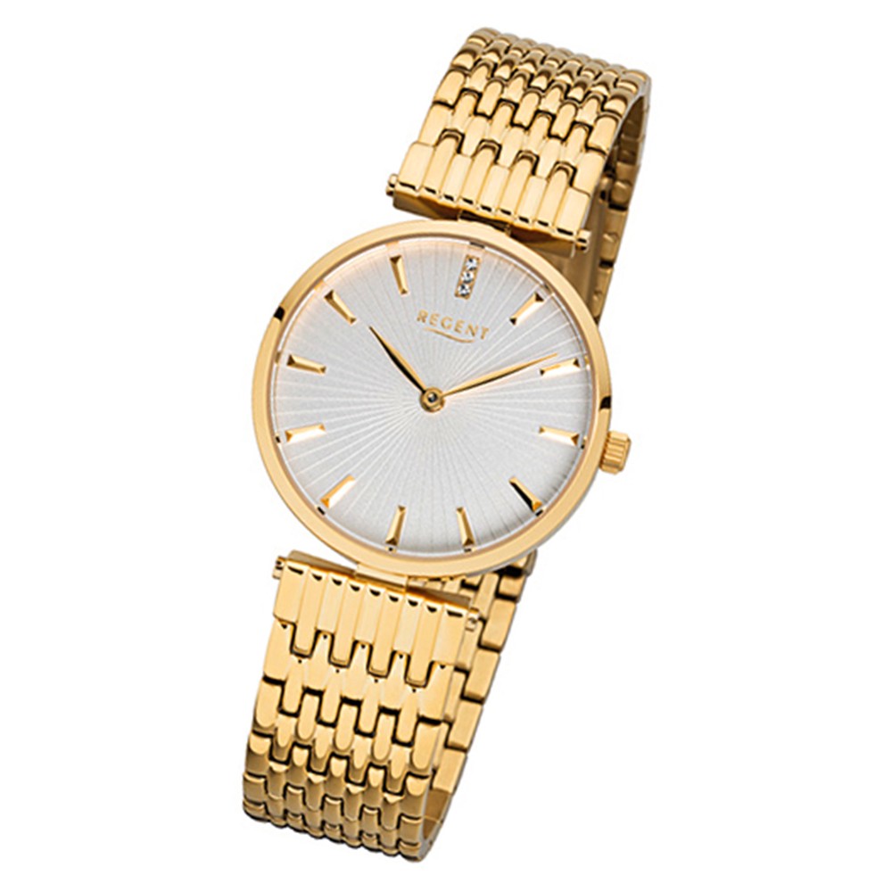 Regent Damen Armbanduhr 32 F 1060 Quarz Uhr Edelstahl Armband gold URF1060