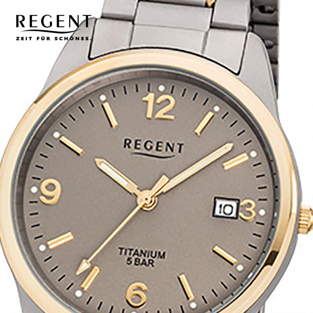 Regent Herren-Armbanduhr 32-F-1107 Quarz-Uhr Titan-Armband silber grau gold  URF1 URF1107
