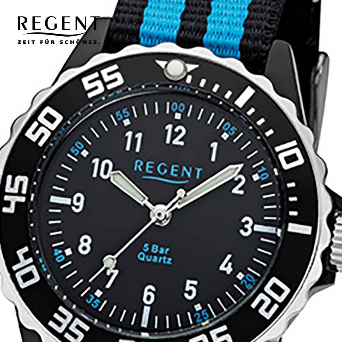 Regent Kinder, Jugend-Armbanduhr 32-F-1126 Quarz-Uhr Textil, Stoff-Armband  schwarz blau URF1126