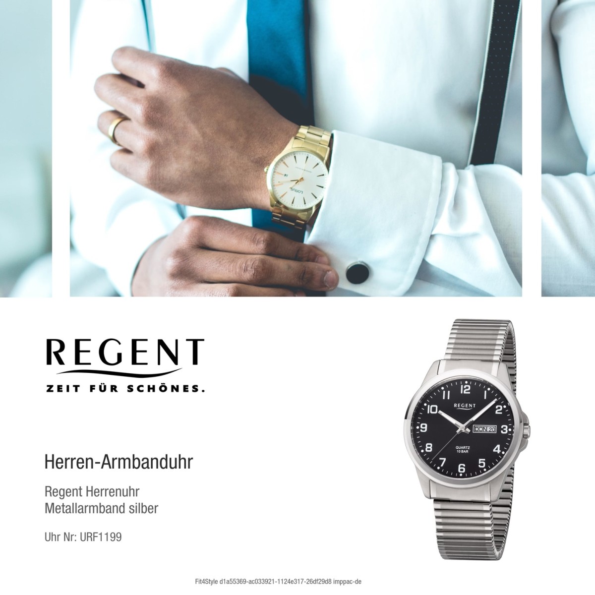 Regent Herren Armbanduhr Analog F-1199 Quarz-Uhr Titan silber URF1199