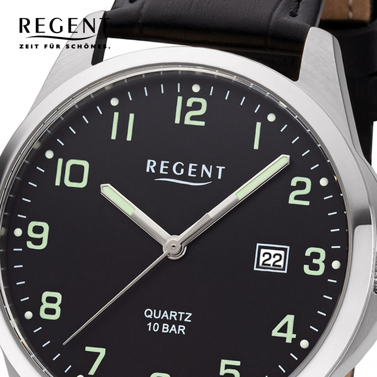 Regent Herren Armbanduhr schwarz URF1227 Quarz-Uhr Analog F-1227 Leder