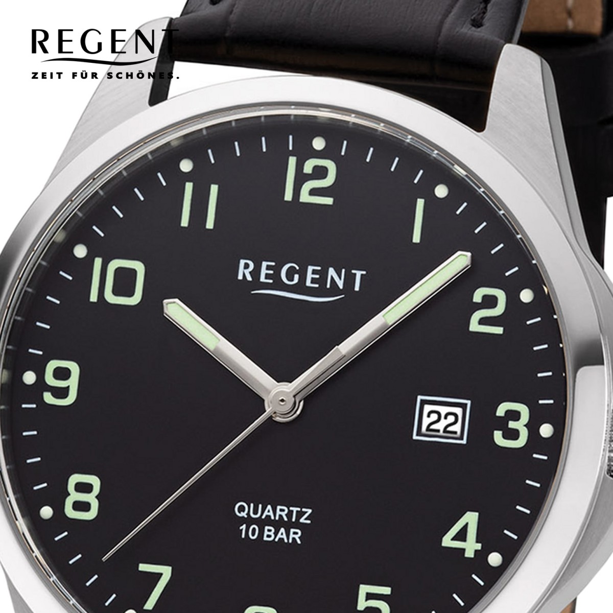 Regent Herren Armbanduhr Analog F-1227 Quarz-Uhr Leder schwarz URF1227