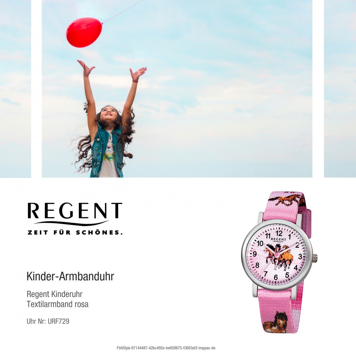 URF729 Aluminium Uhr Quarz Regent Pferde rosa Kinder-Armbanduhr Textil Mädchen