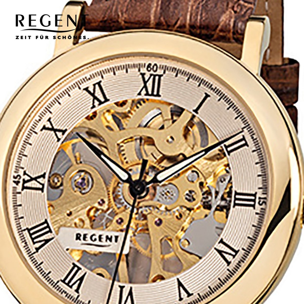 mechanisch Regent Mineralglas Herren-Armbanduhr braun Handaufzug Leder URF758 F-1390