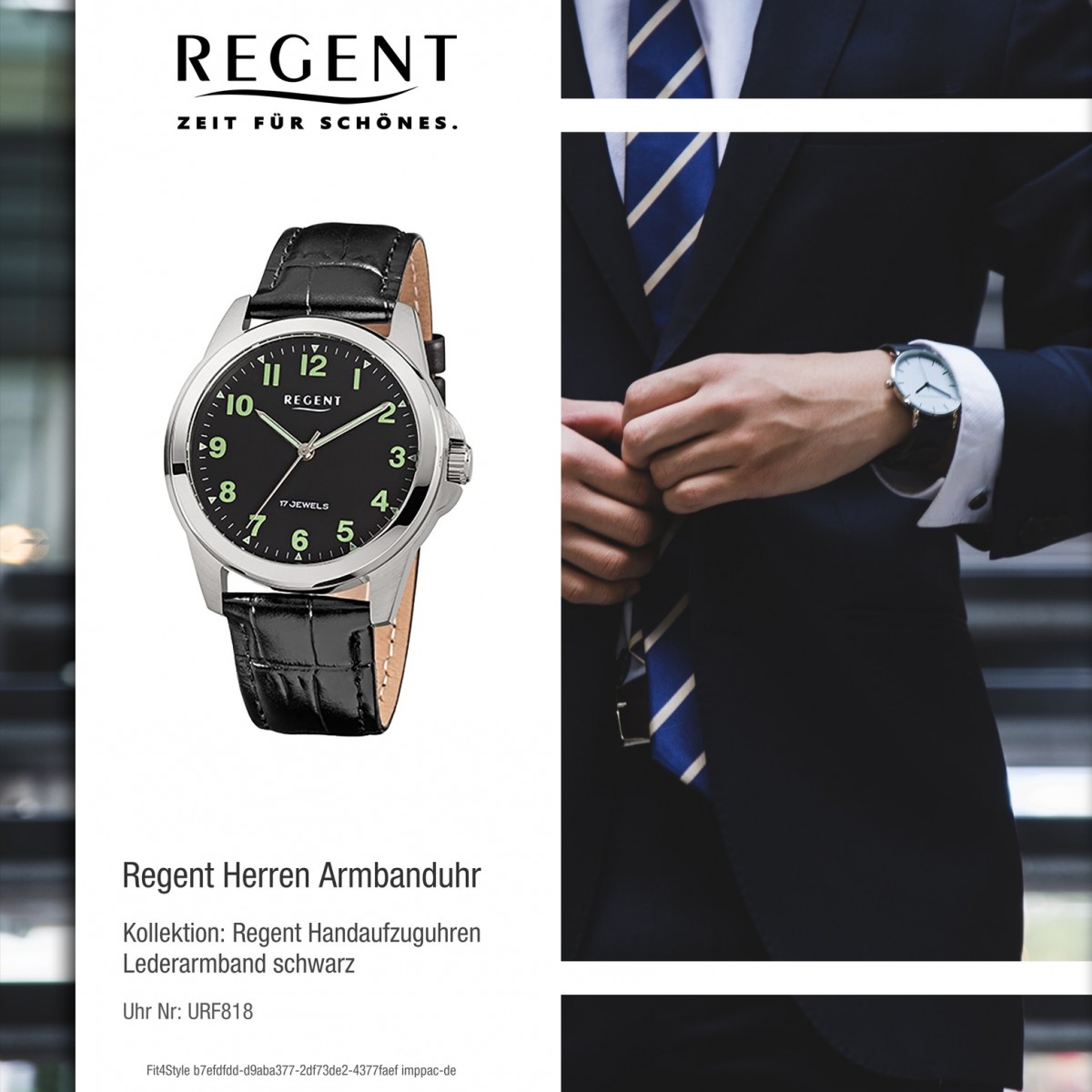Herren-Armbanduhr URF818 schwarz Handaufzug Leder-Armband Regent F-1392