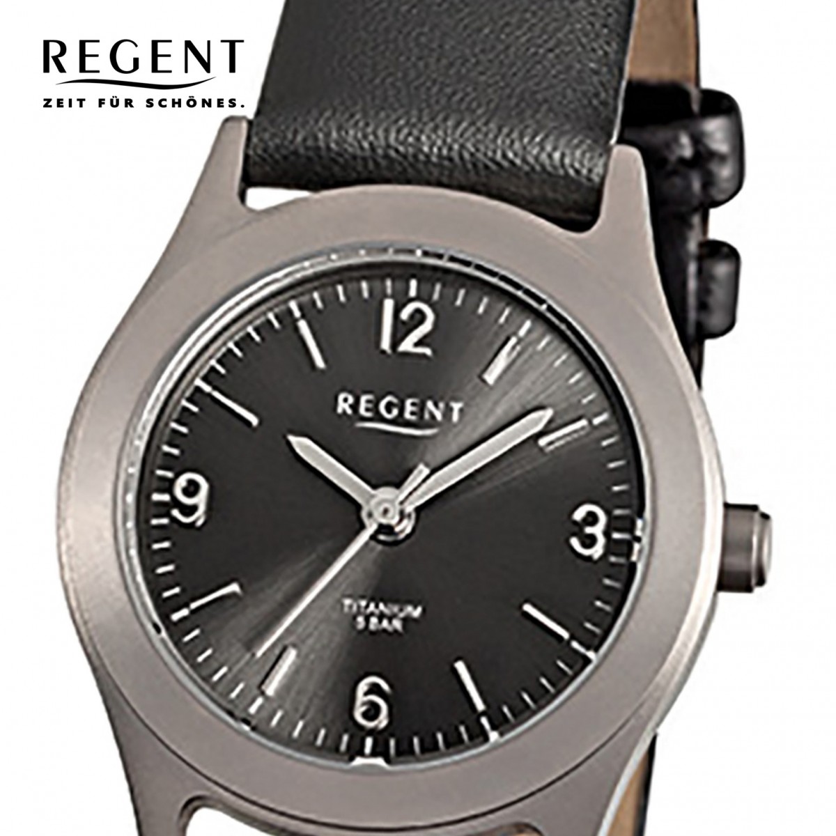 Regent Titan Damen-Armbanduhr Quarzwerk Leder schwarz Titan-Uhr URF872