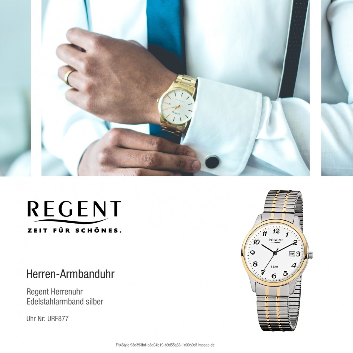 Regent Herren-Armbanduhr F-877 Quarz-Uhr Stahl-Armband silber gold URF877