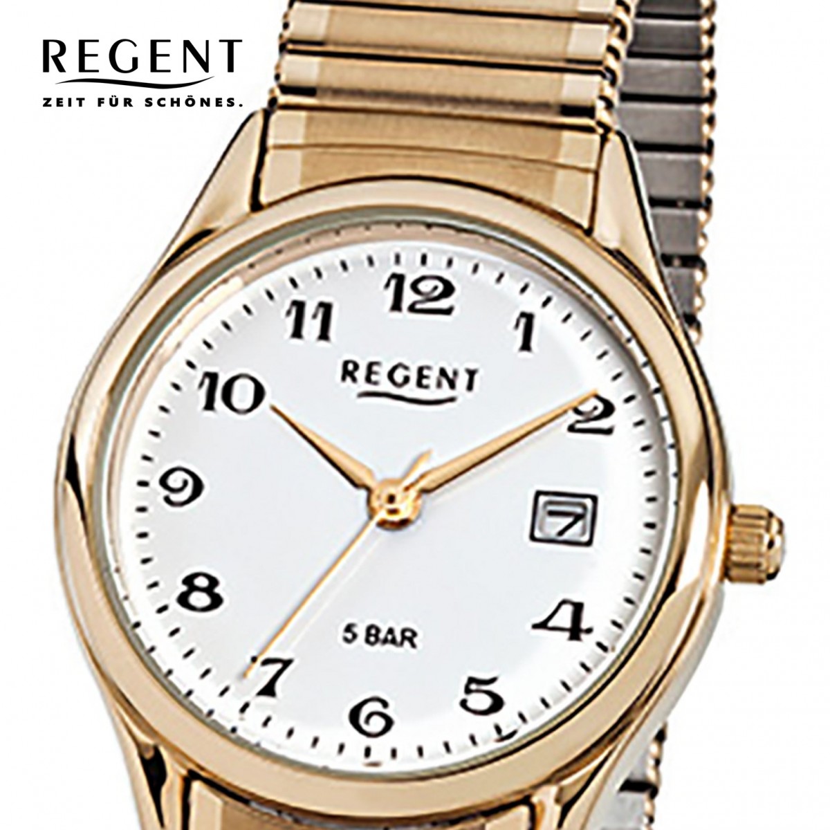 Regent Damen, Herren-Armbanduhr F-894 Quarz-Uhr Stahl-Armband gold URF894