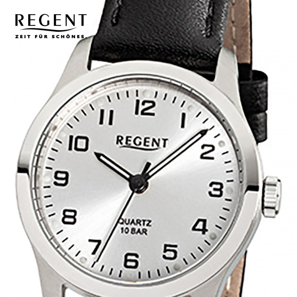 Damen-Armbanduhr Leder Regent URF899 Leuchtzeiger Quarz Titan-Uhr Uhr schwarz