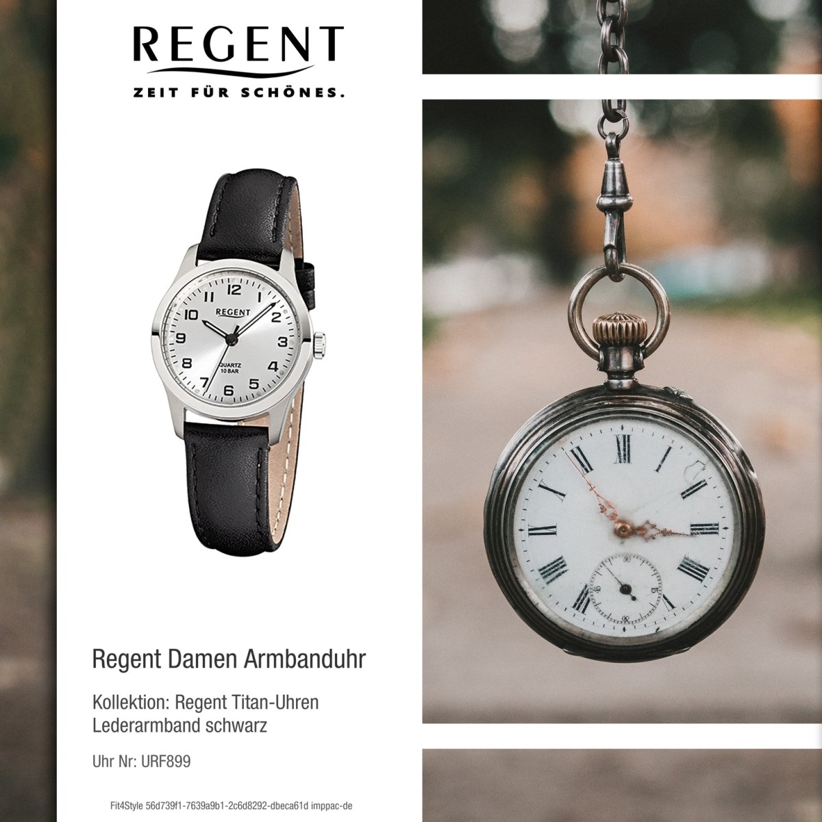 Regent Damen-Armbanduhr Titan-Uhr Quarz Leder schwarz Leuchtzeiger Uhr  URF899