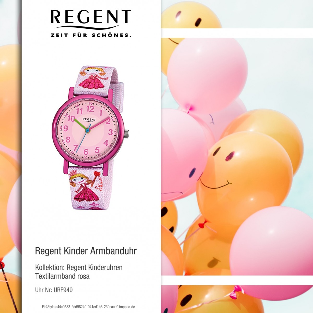 Regent rosa Mineralglas Textil Prinzessin URF949 Quarz Kinder-Armbanduhr