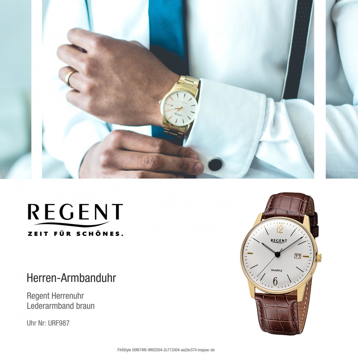 Regent Herren-Armbanduhr F-987 Quarz-Uhr Retro Leder-Armband braun URF987