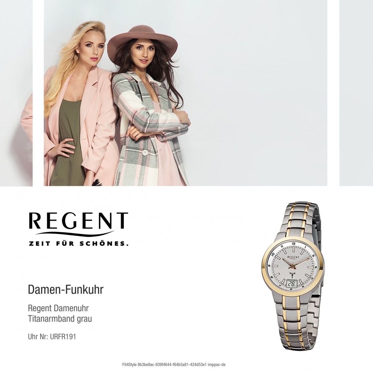 Regent Damen-Armbanduhr FR-191 Funkuhr Titan Gold-Armband grau gold URFR191