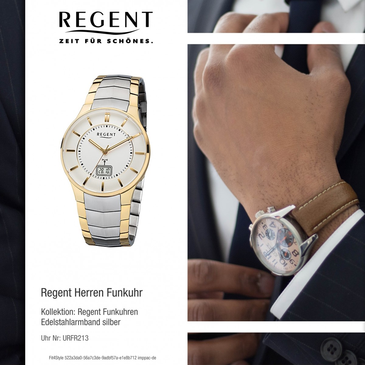 Regent Herren-Armbanduhr 32-FR-213 Funkuhr Edelstahl-Armband silber gold  URFR213