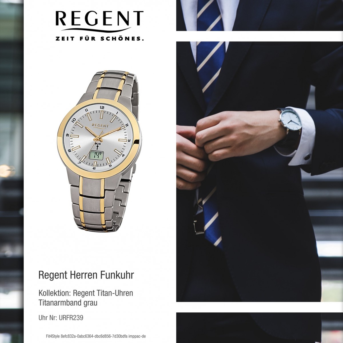 Regent Herren-Armbanduhr FR-239 Funkuhr Titan Gold-Armband grau gold URFR239