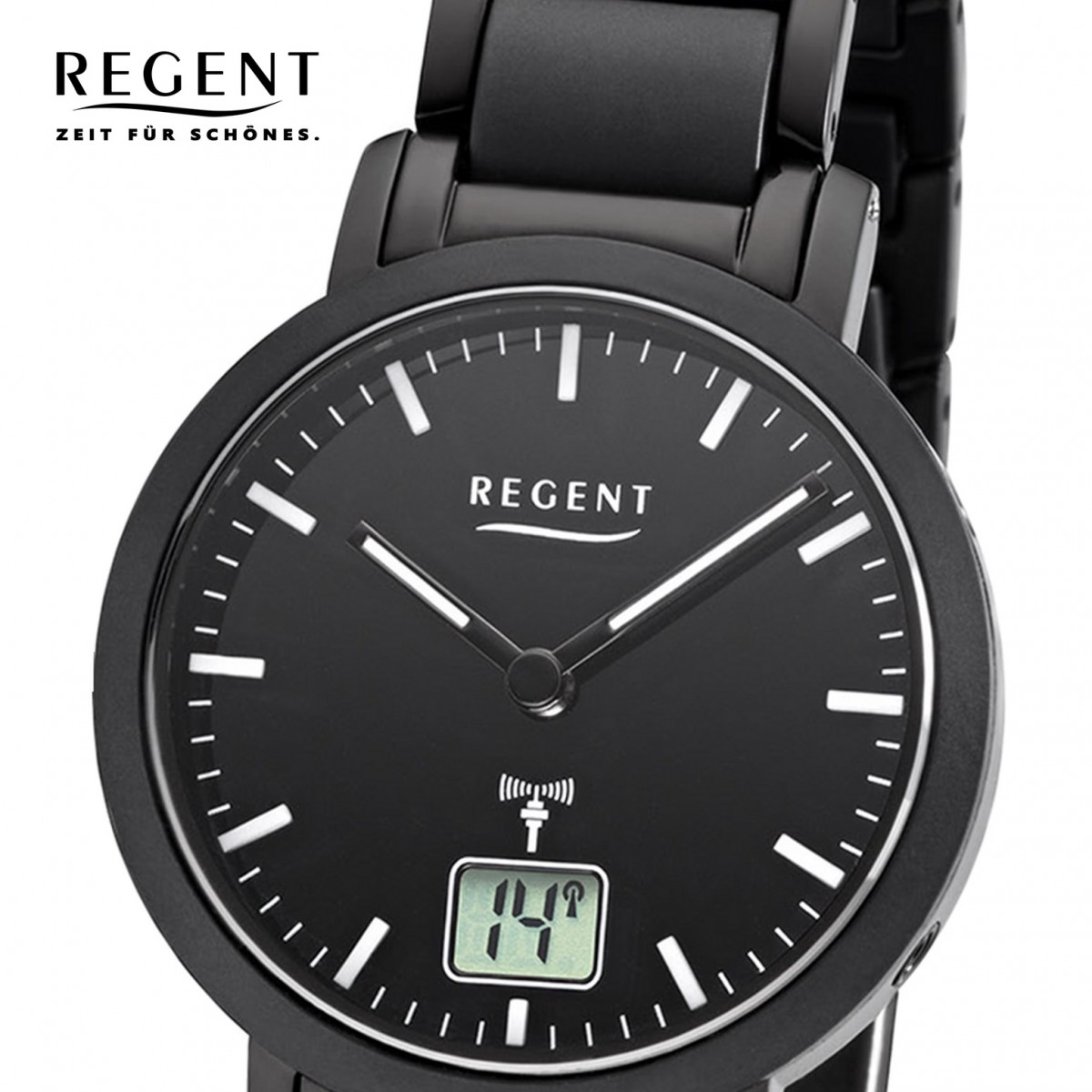 Regent Damen Armbanduhr Analog-Digital FR-266 Funk-Uhr Metall schwarz  URFR266