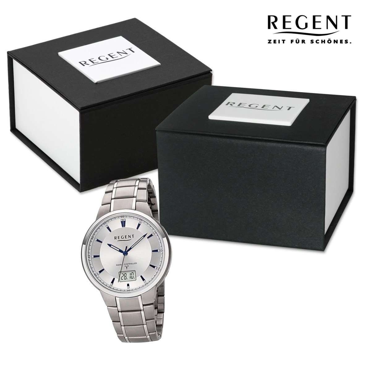 Regent Herren Funkuhr Analog-Digital Metallarmband silber URFR268