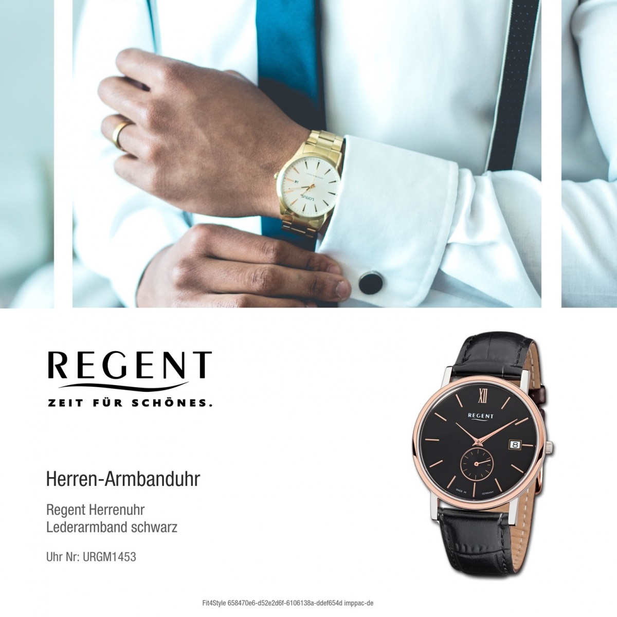 Regent schwarz Leder-Armband URGM1453 Quarz-Uhr Herren-Armbanduhr Uhr