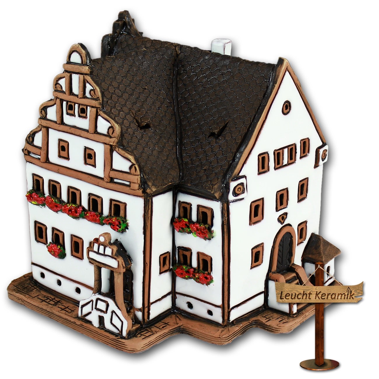 Lichthaus Fachwerk Rathaus weiß mit Treppe original LeuchtKeramik DKH50W