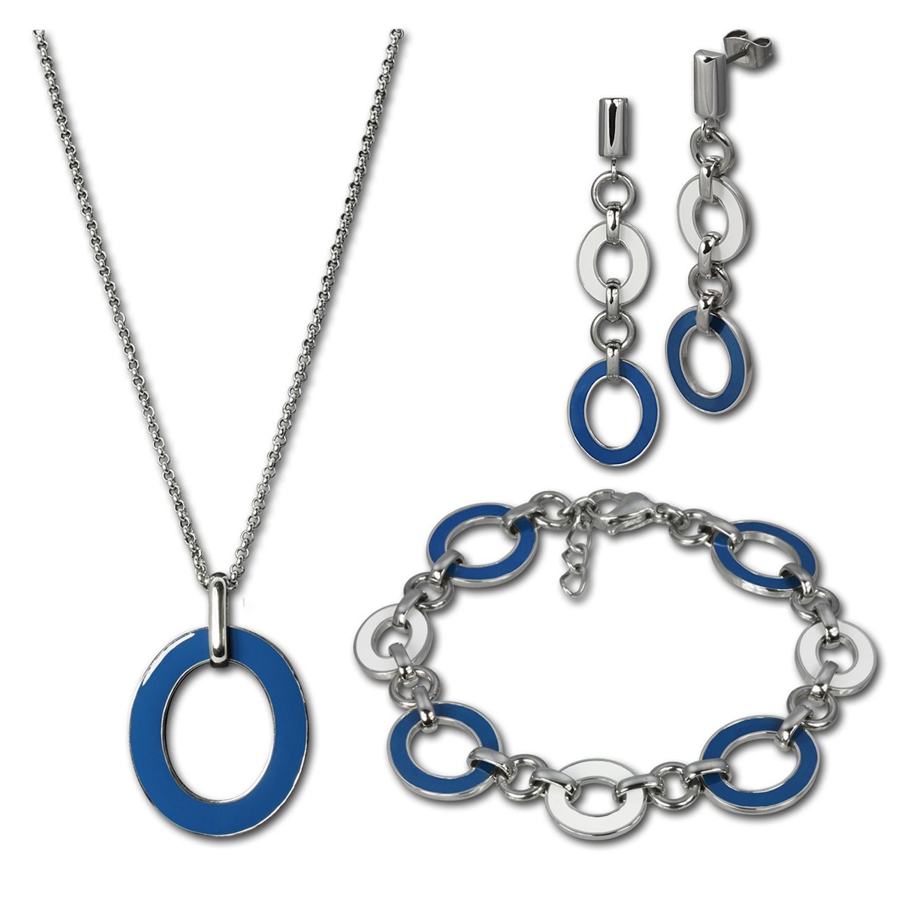 Amello Edelstahlschmuckset Emaille blau Kette, Armband, Ohrringe ESSG01B