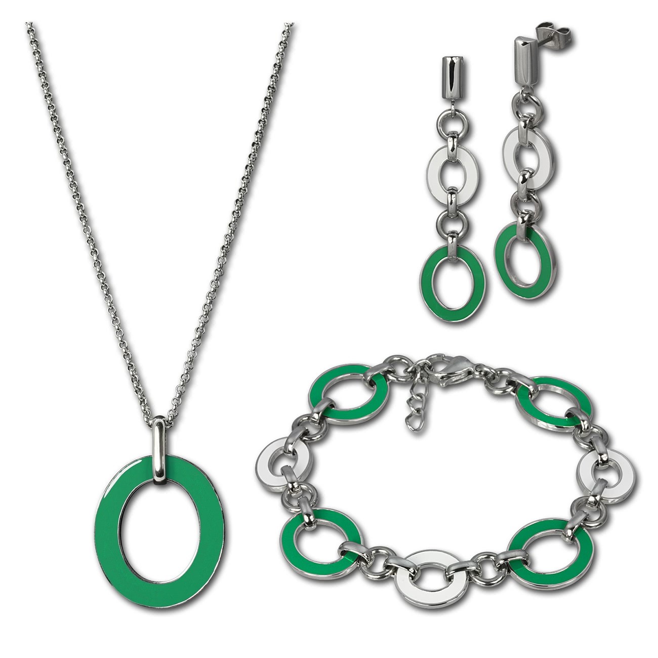 Amello Edelstahlschmuckset Emaille grün Kette, Armband, Ohrringe ESSG01G