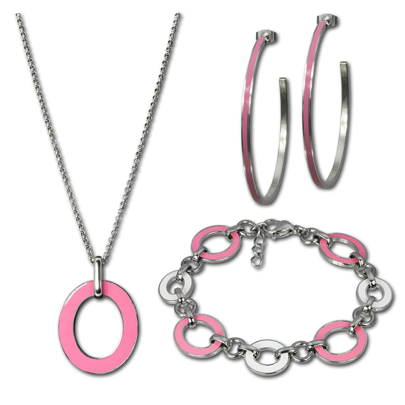 Amello Edelstahlschmuckset Emaille rosa Armband, Ohrringe, Kette ESSG02P