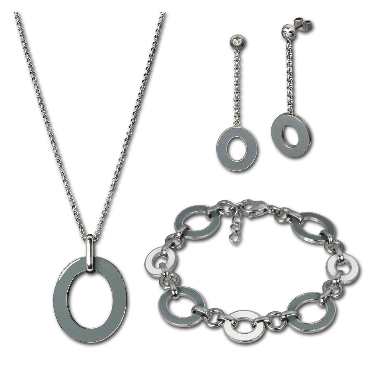 Amello Edelstahlschmuckset Emaille grau Kette, Armband, Ohrringe ESSG03K