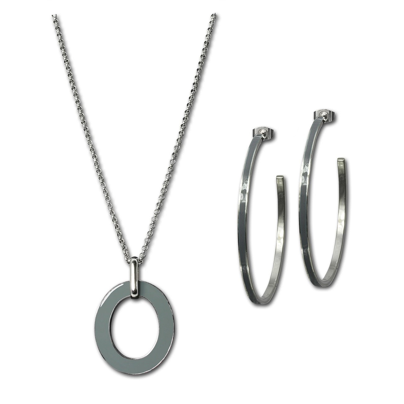 Amello Edelstahlschmuckset Emaille Oval grau Ohrringe, Kette ESSG04K