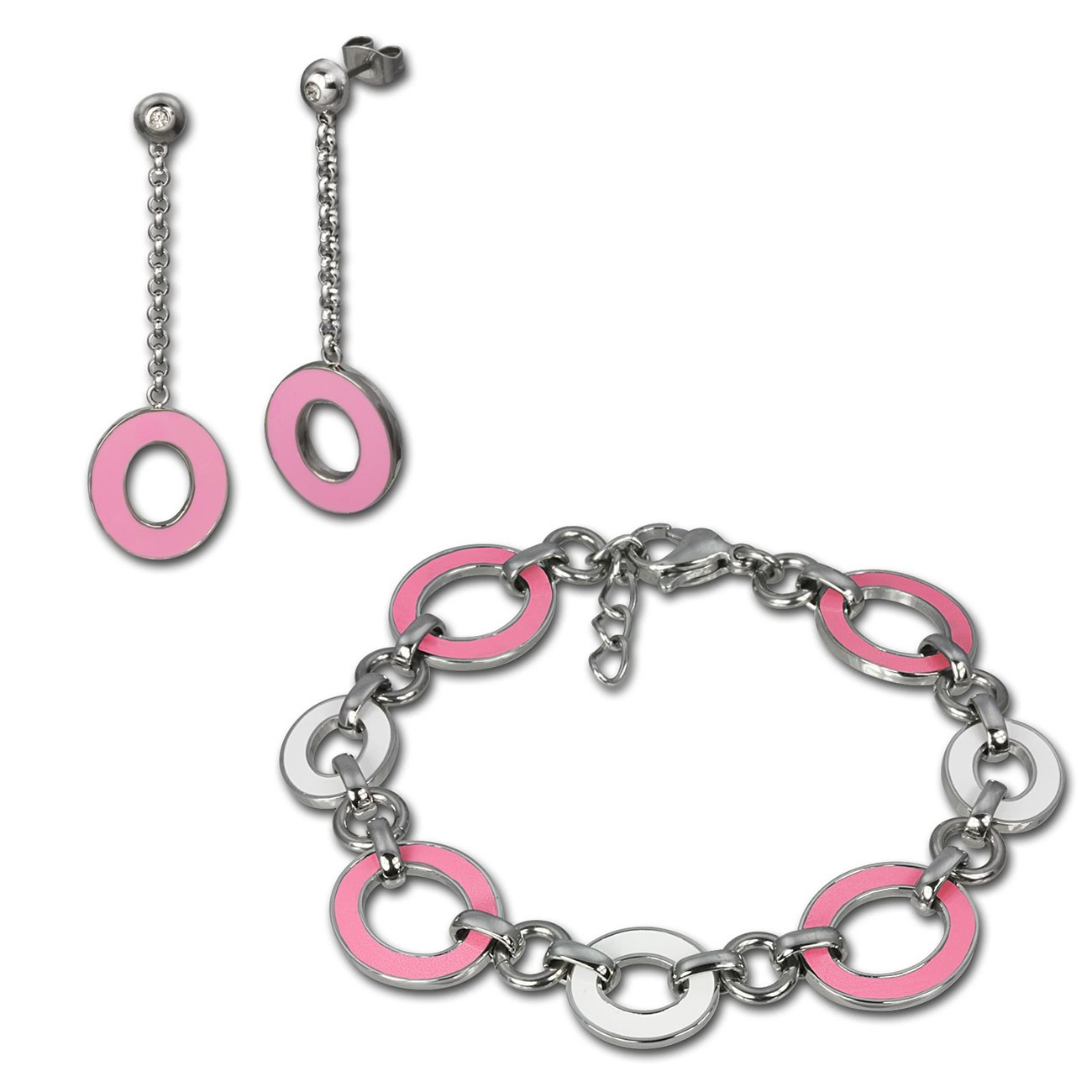 Amello Edelstahlschmuckset Emaille Oval rosa Armband, Ohrringe ESSG06P