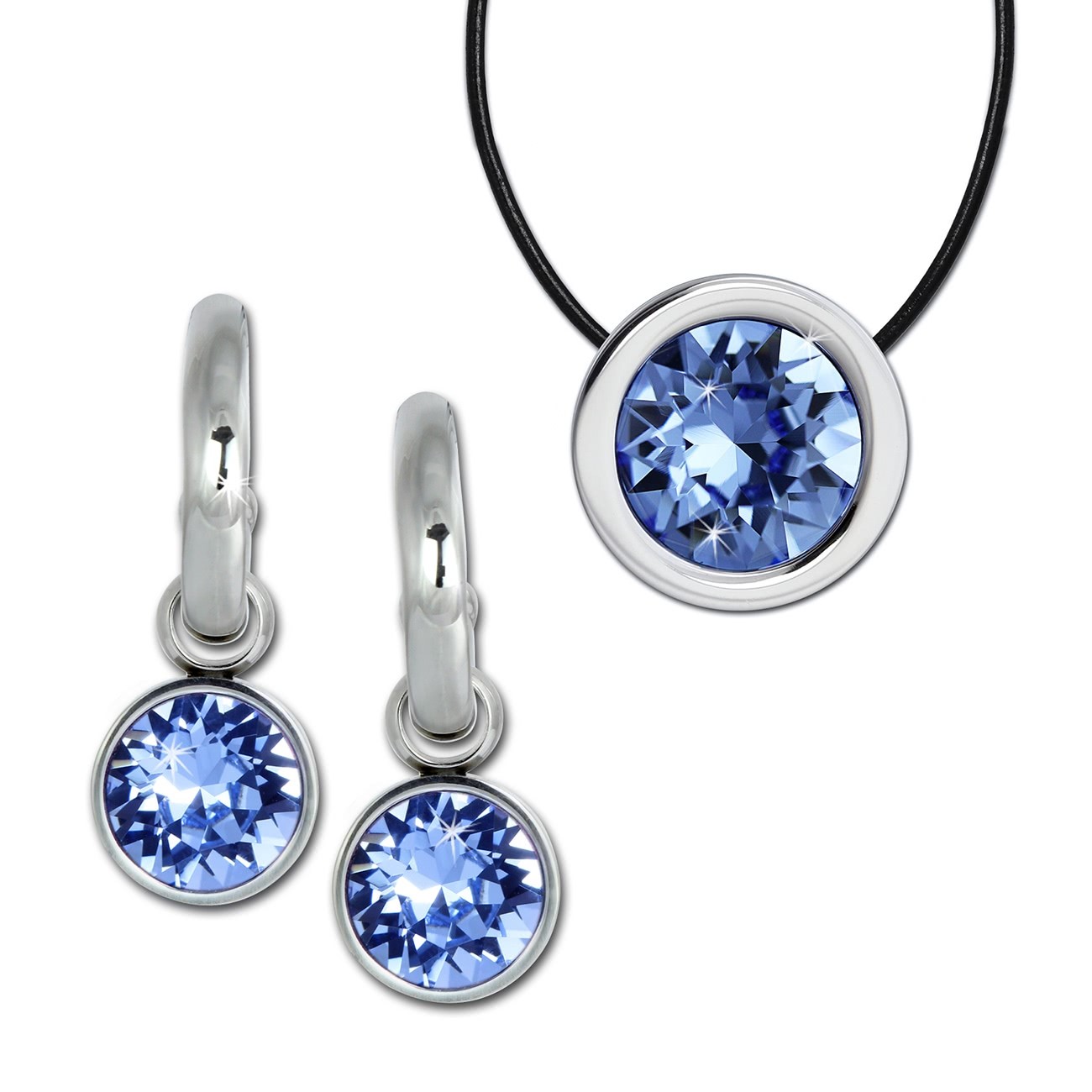 Amello Edelstahl Schmuckset Ohrring & Kette Zirkonias hellblau ESSS02H