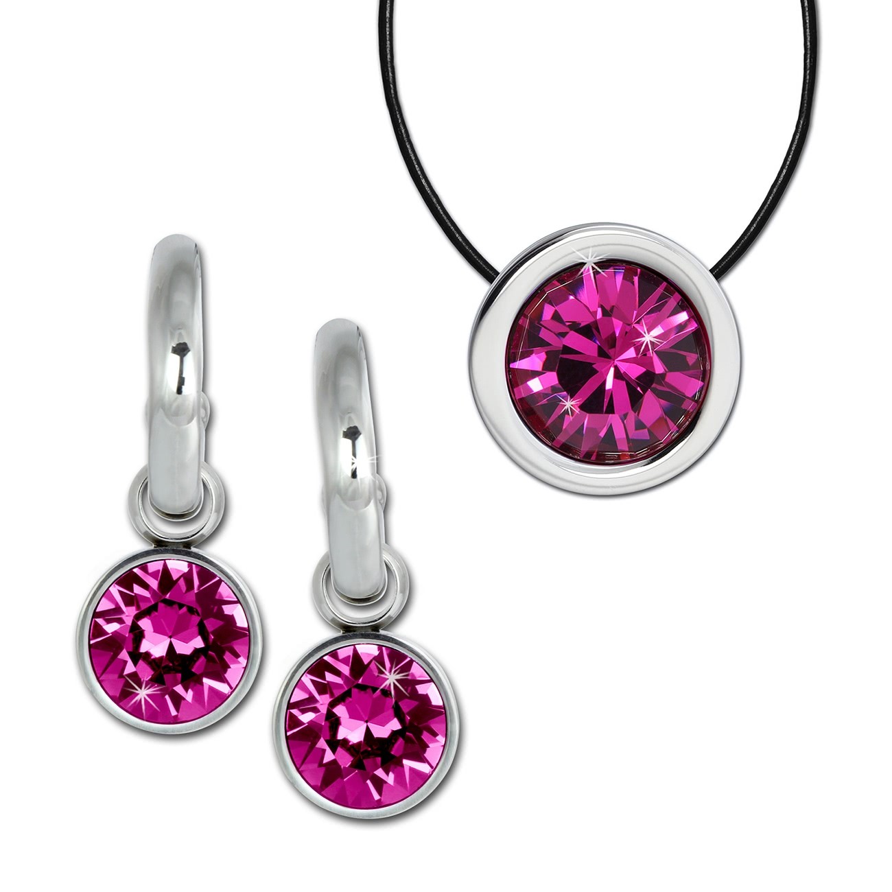 Amello Edelstahl Schmuckset Ohrring & Kette Zirkonias fuchsia ESSS02P