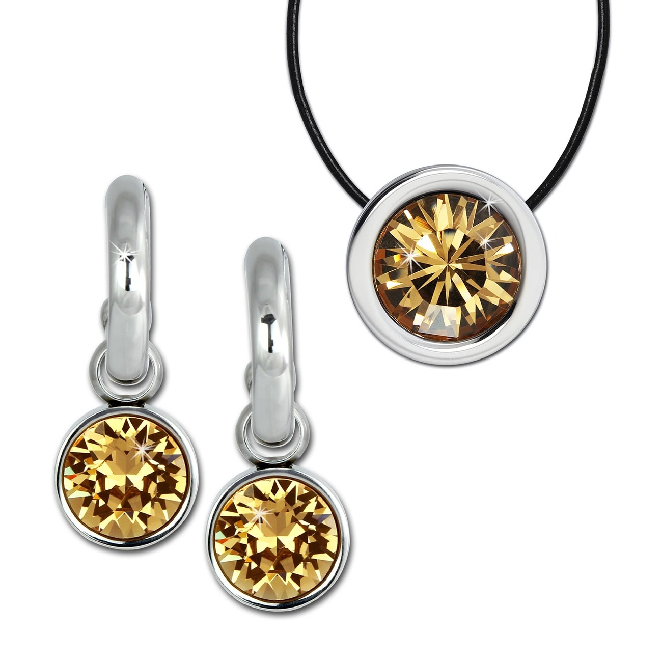 Amello Edelstahl Schmuckset Ohrring & Kette Zirkonias bernstein ESSS02Y