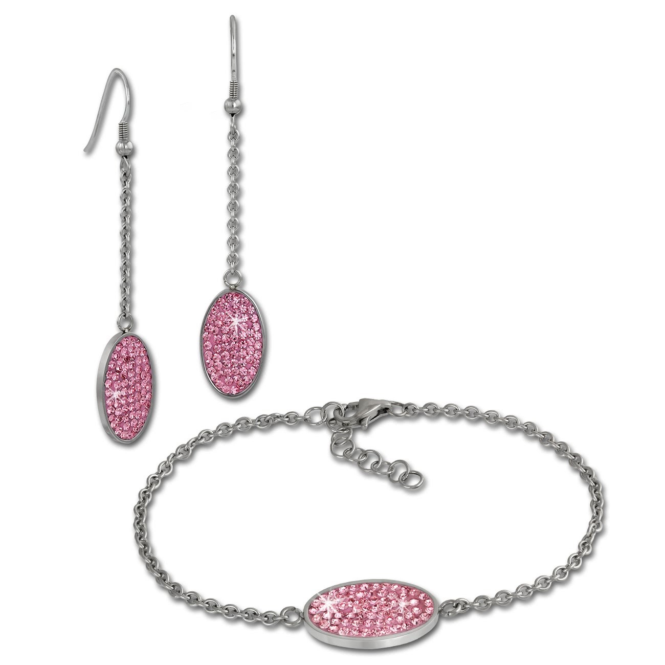 Amello Edelstahl Schmuckset Ohrringe & Armband Zirkonia Glitzer rosa ESSS03A