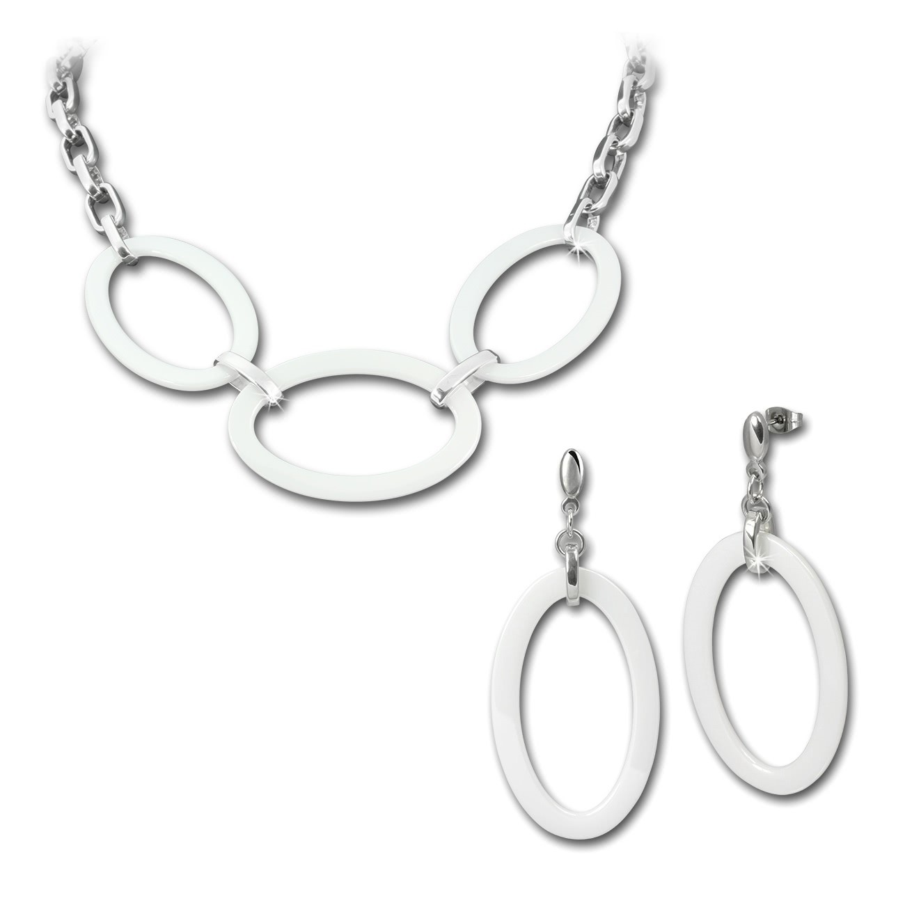 Amello Edelstahlschmuckset Keramik Oval Kette, Ohrring ESSX04W