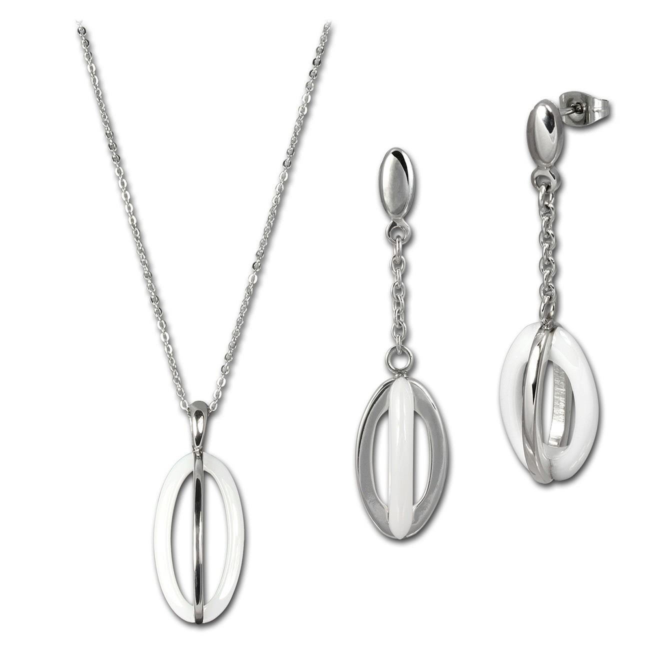 Amello Edelstahlschmuckset Keramik Ellipse Kette, Ohrring ESSX09W