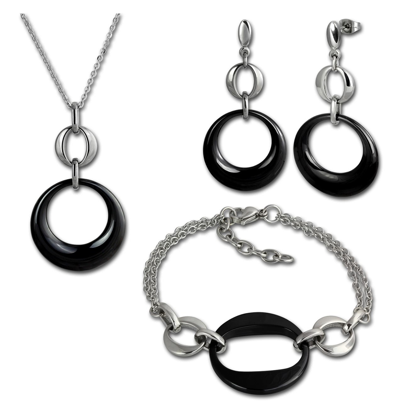 Amello Edelstahlschmuckset Round Keramik Kette, Armband, Ohrring ESSX13S