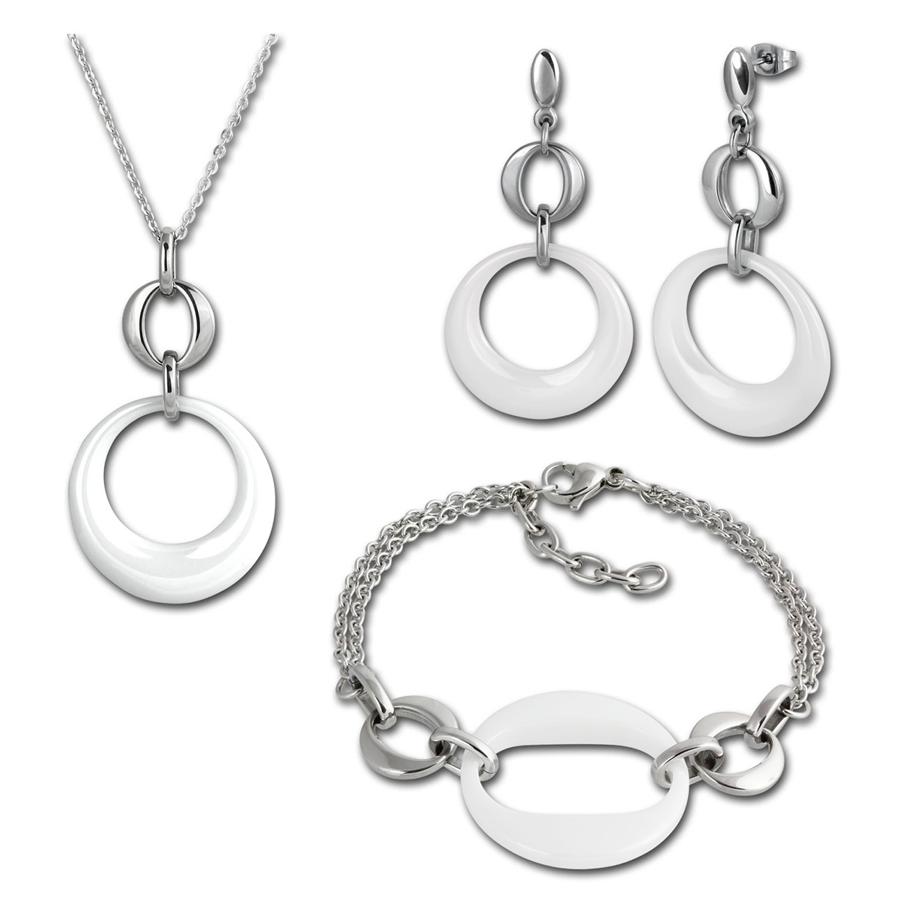 Amello Edelstahlschmuckset Round Keramik Kette, Armband, Ohrring ESSX13W