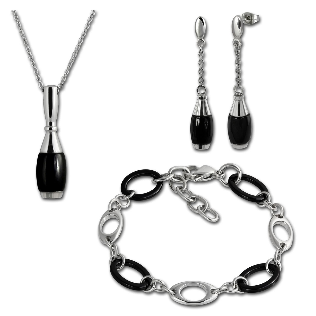 Amello Edelstahlschmuckset Kegel Keramik Kette, Armband, Ohrring ESSX15S