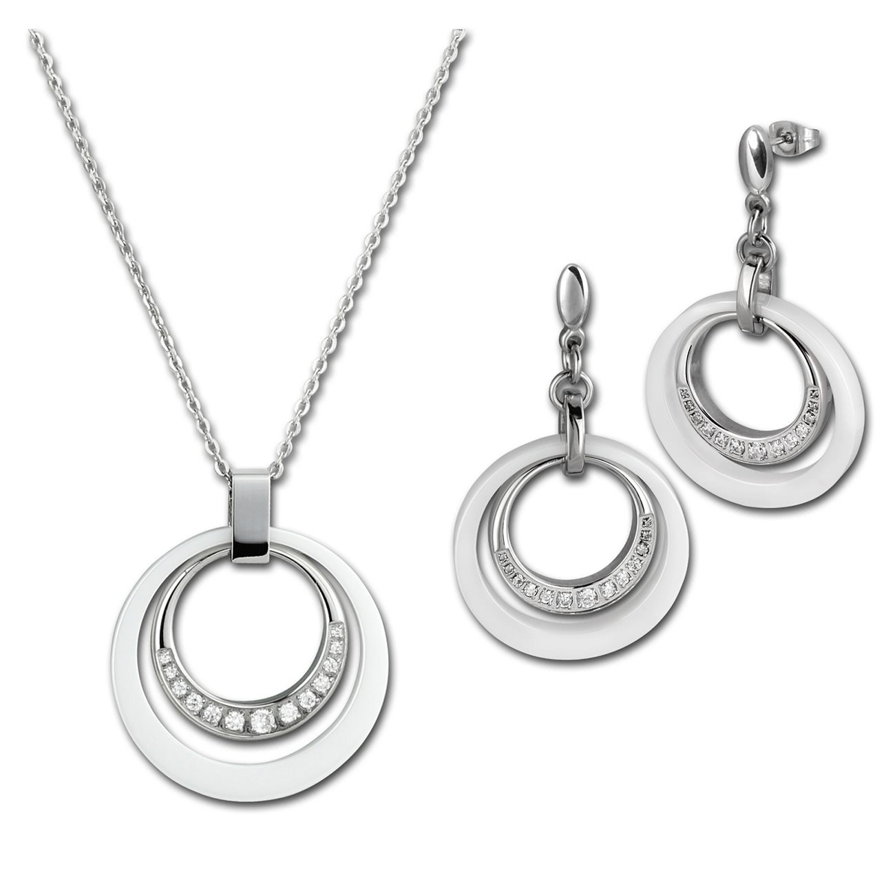 Amello Edelstahlset Keramik Doppelring Zirkonia Kette, Ohrringe ESSX17W