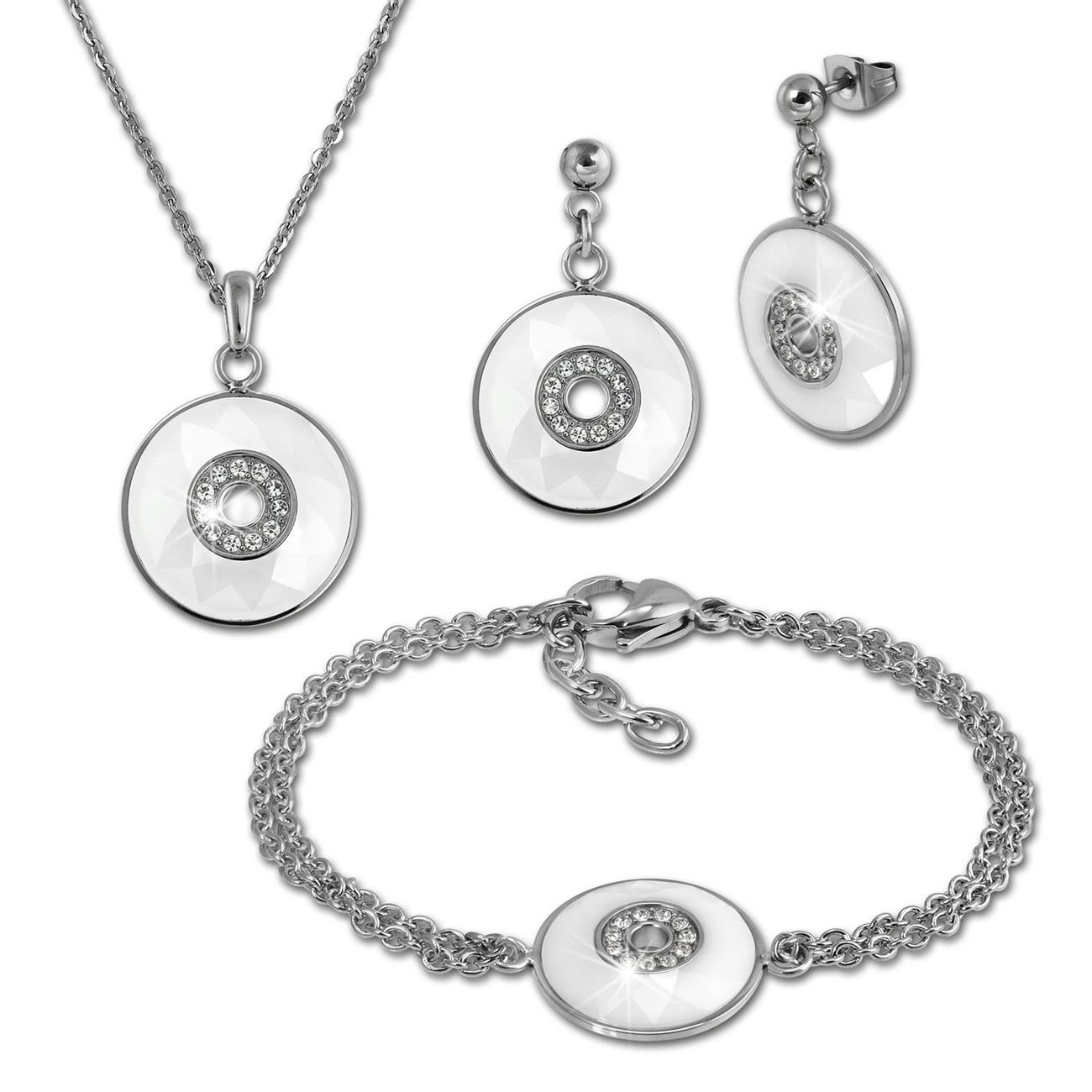 Amello Edelstahlschmuckset Keramik Rund Zirkonia Kette, Armband, Ohrring ESSX29W