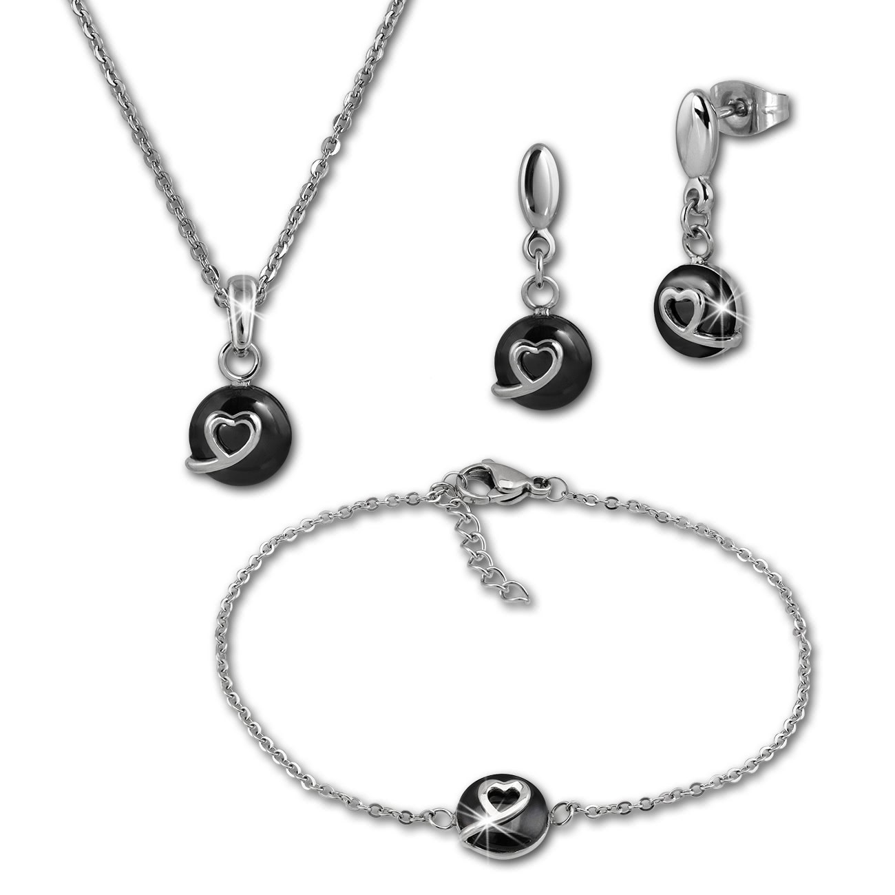Amello Edelstahlschmuckset Herzchen Keramik Kette, Armband, Ohrring ESSX34S