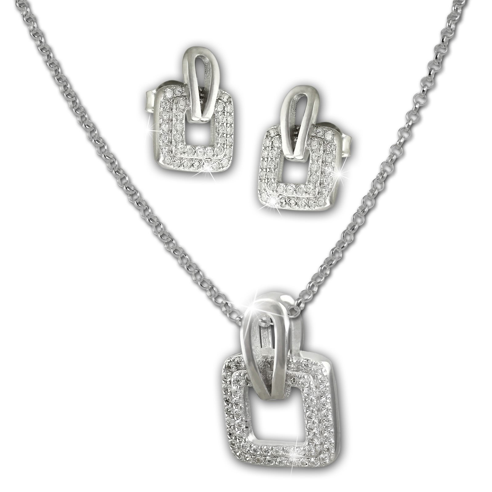 SilberDream Schmuck Set Kette und Ohrringe Square Zirkonia 925er Silber GSS404W