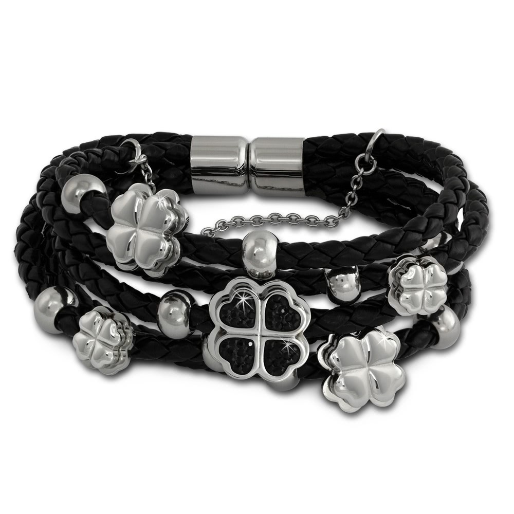 Amello Leder Armband schwarz Herz-Blume Zirkona schwarz Edelstahl LAQ007S9