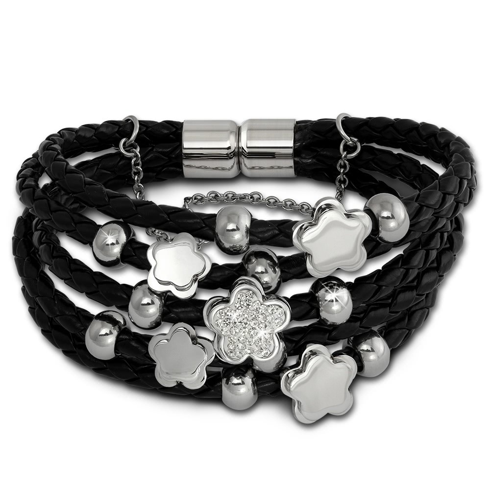 Amello Leder Armband schwarz Blümchen Zirkona weiß Edelstahl Verschluss LAQ019S1