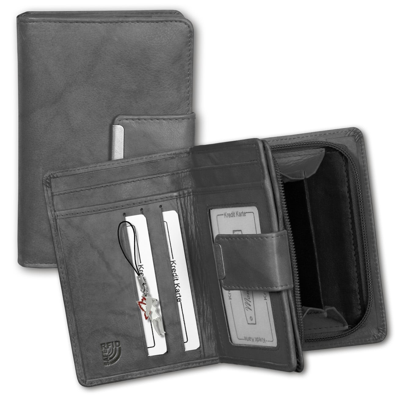 Money Maker Leder grau Brieftasche Portemonnaie RFID Schutz OPJ701K