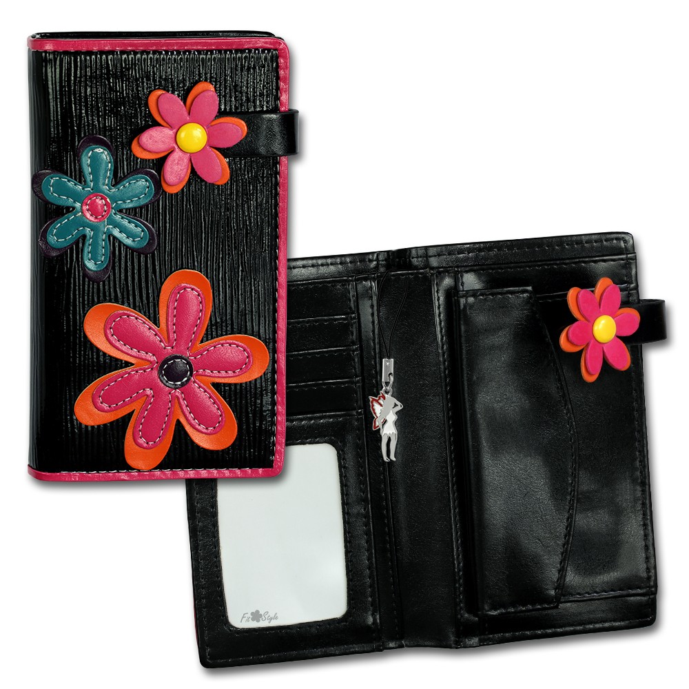DrachenLeder Damen schwarz Blumen Kunstleder Portemonnaie OPR706S